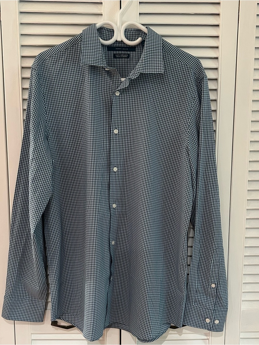Perry Ellis Navy and White Micro-Check Dress Shirt